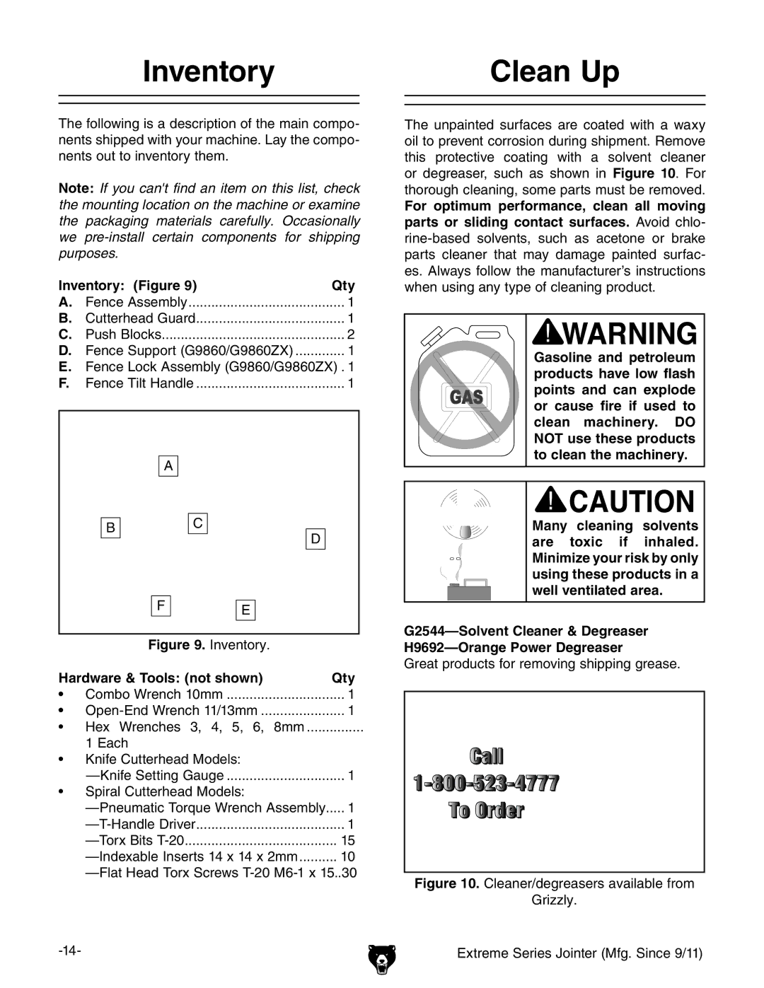 Grizzly G9860 owner manual Inventory Clean Up, Inventory Figure Qty 