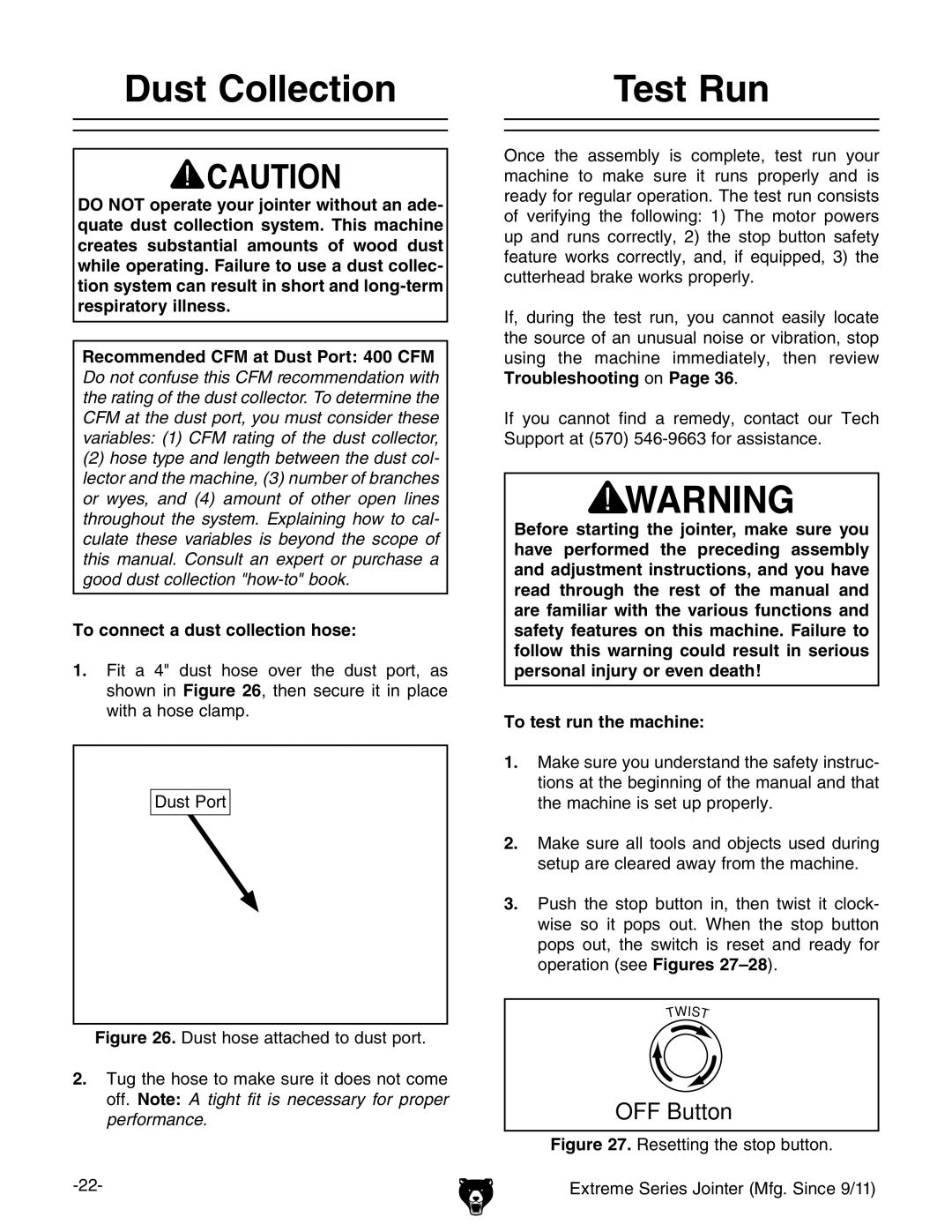 Grizzly G9860 owner manual Dust Collection Test Run, OFF Button, To connect a dust collection hose 
