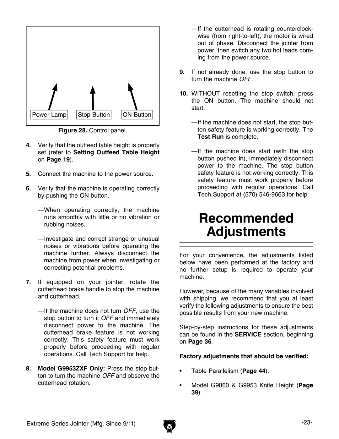 Grizzly G9860 owner manual Recommended Adjustments, Factory adjustments that should be verified 