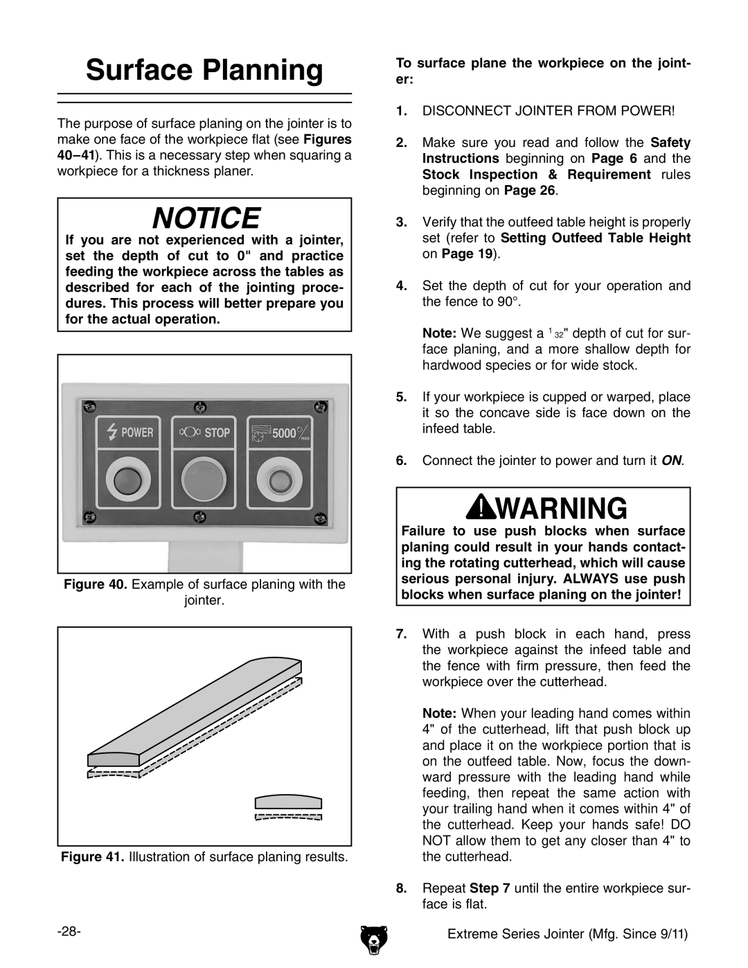 Grizzly G9860 owner manual Surface Planning, To surface plane the workpiece on the joint- er 