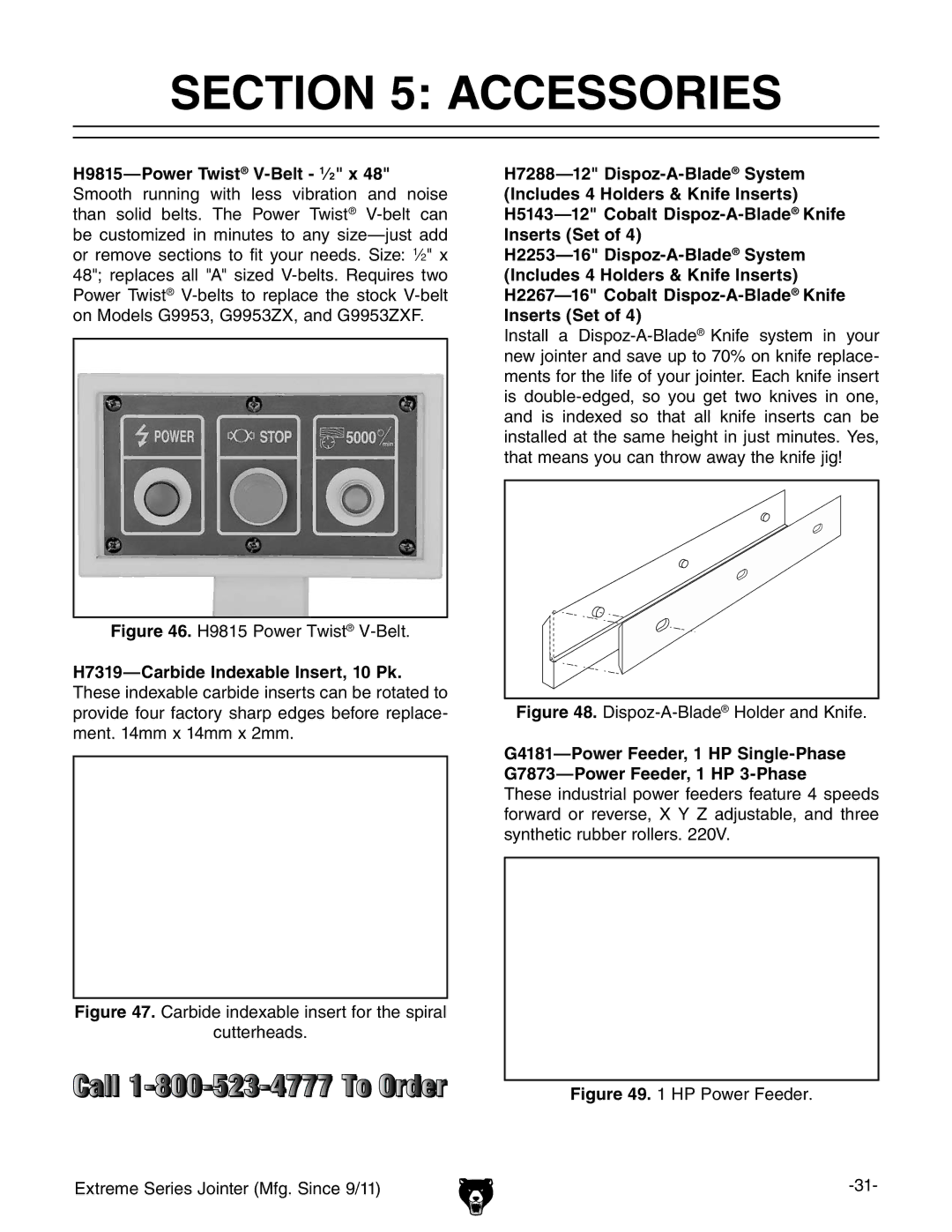 Grizzly G9860 owner manual Accessories, Dispoz-A-BladeHolder and Knife 