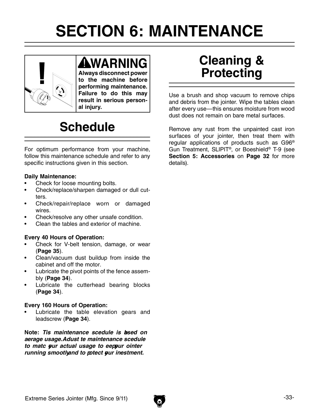 Grizzly G9860 owner manual Maintenance, Schedule, Cleaning Protecting 