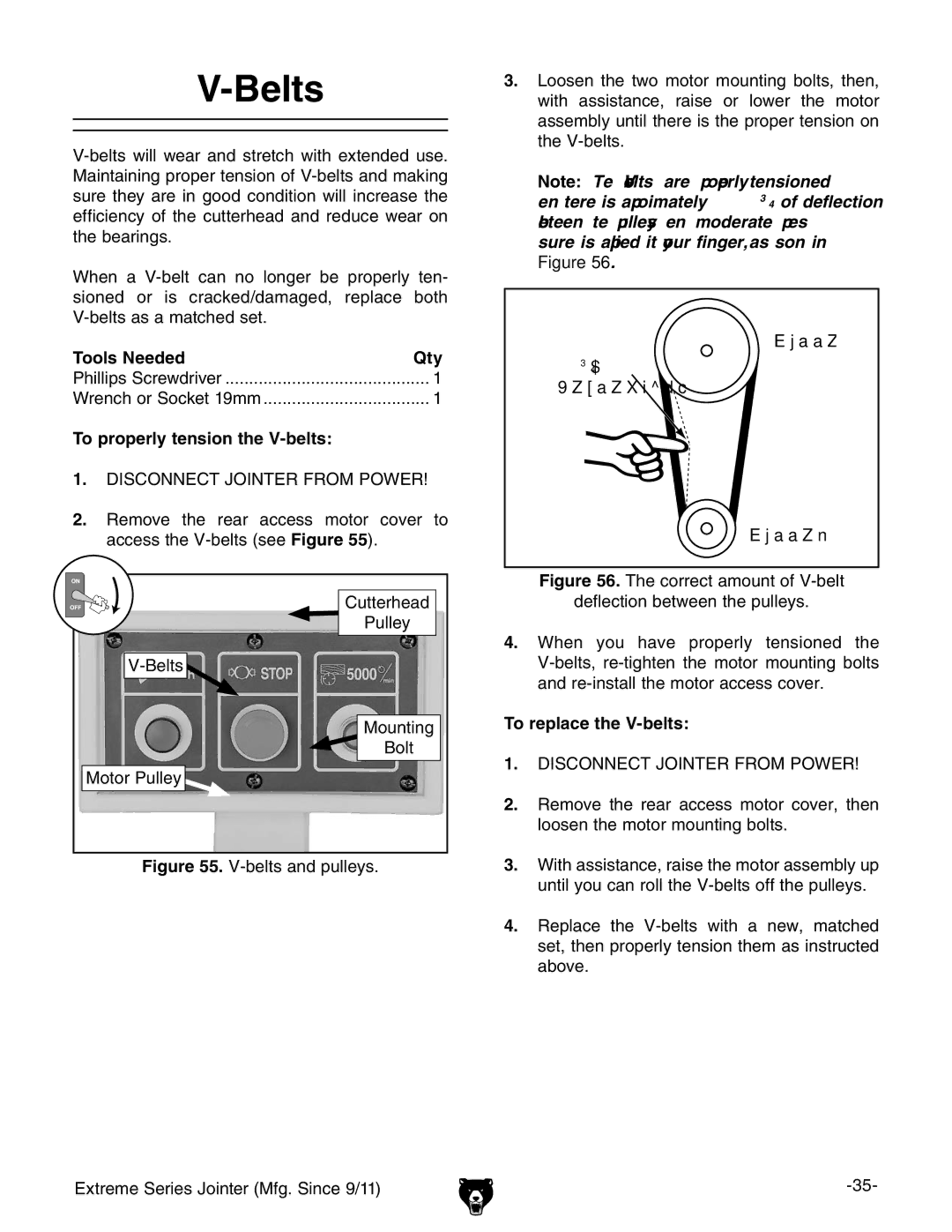 Grizzly G9860 owner manual Belts, Tools Needed Qty, To properly tension the V-belts, To replace the V-belts 