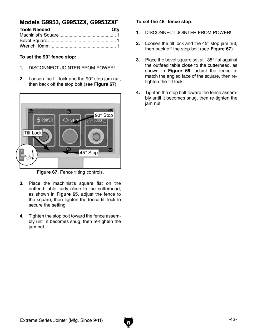 Grizzly G9860 owner manual Models G9953, G9953ZX, G9953ZXF 