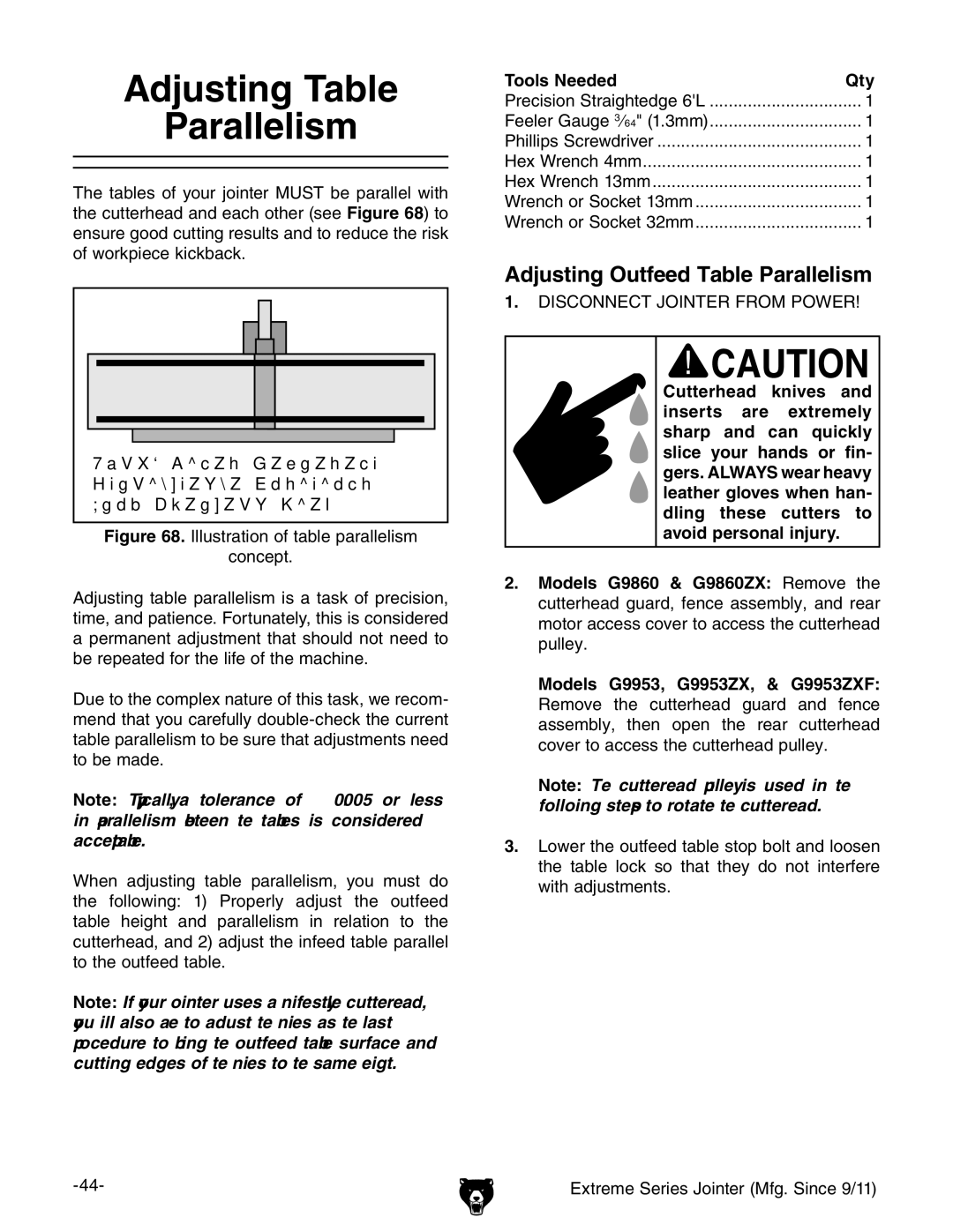 Grizzly G9860 owner manual Adjusting Table Parallelism, Adjusting Outfeed Table Parallelism 