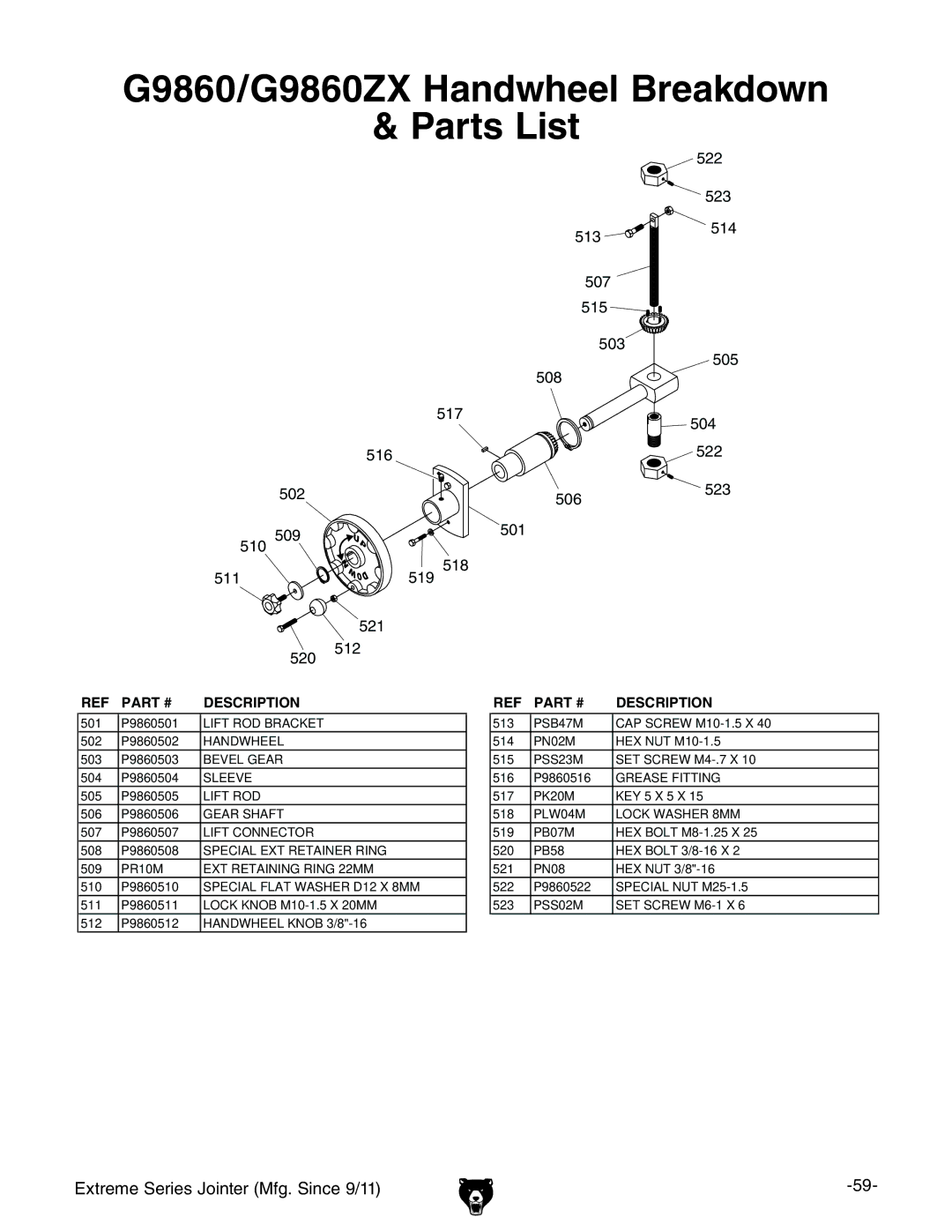 Grizzly owner manual G9860/G9860ZX Handwheel Breakdown Parts List 