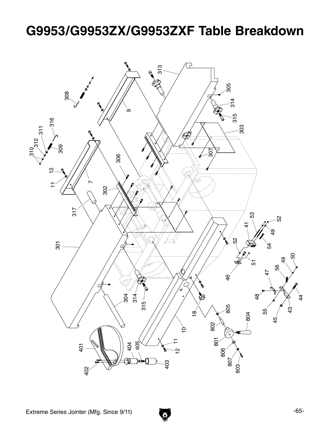 Grizzly G9860 owner manual G9953/G9953ZX/G9953ZXF Table Breakdown 