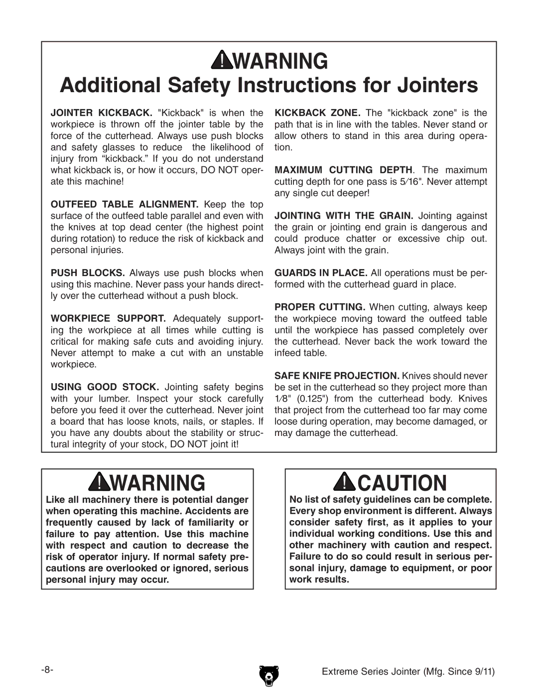 Grizzly G9860 owner manual Additional Safety Instructions for Jointers 