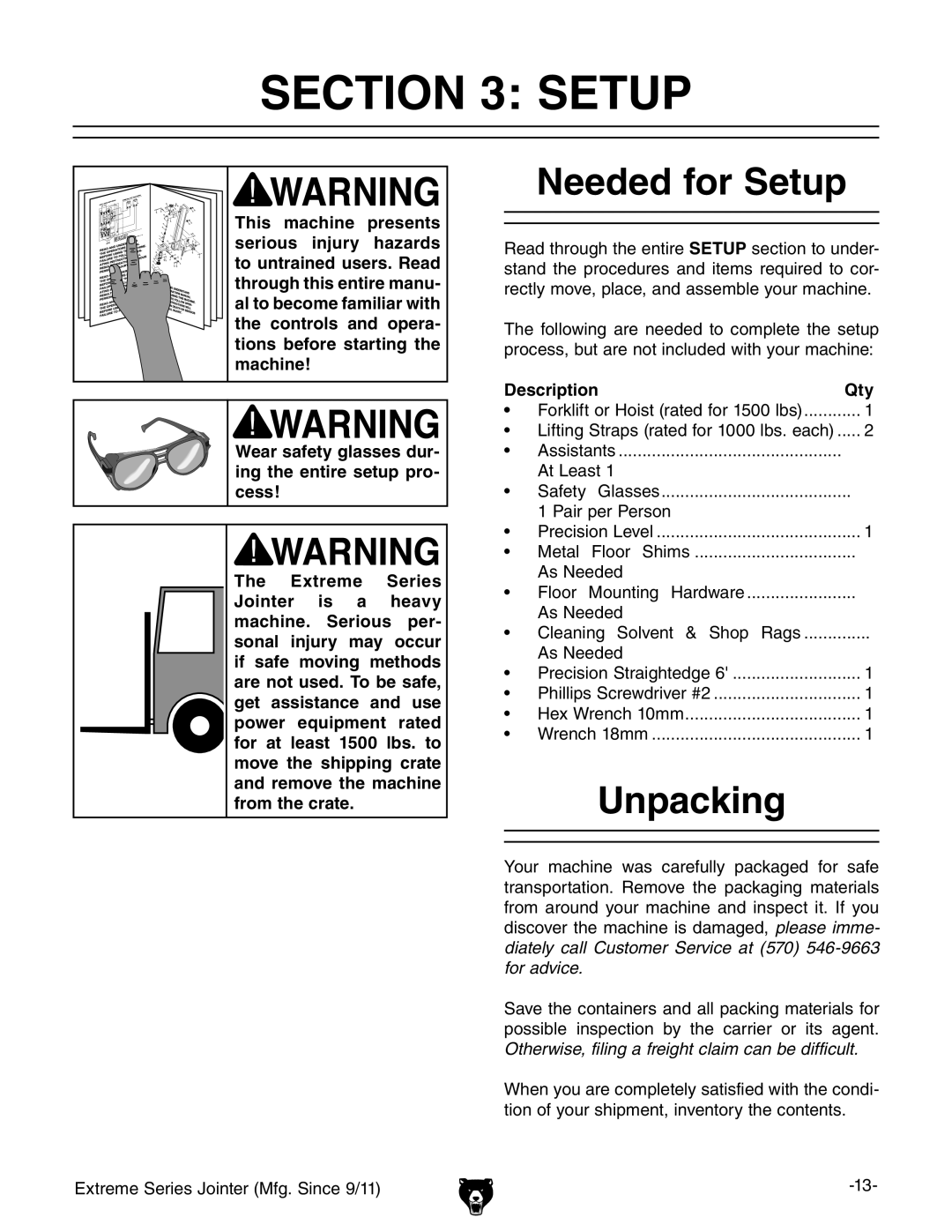 Grizzly G9860 owner manual Needed for Setup, Unpacking, Description Qty 