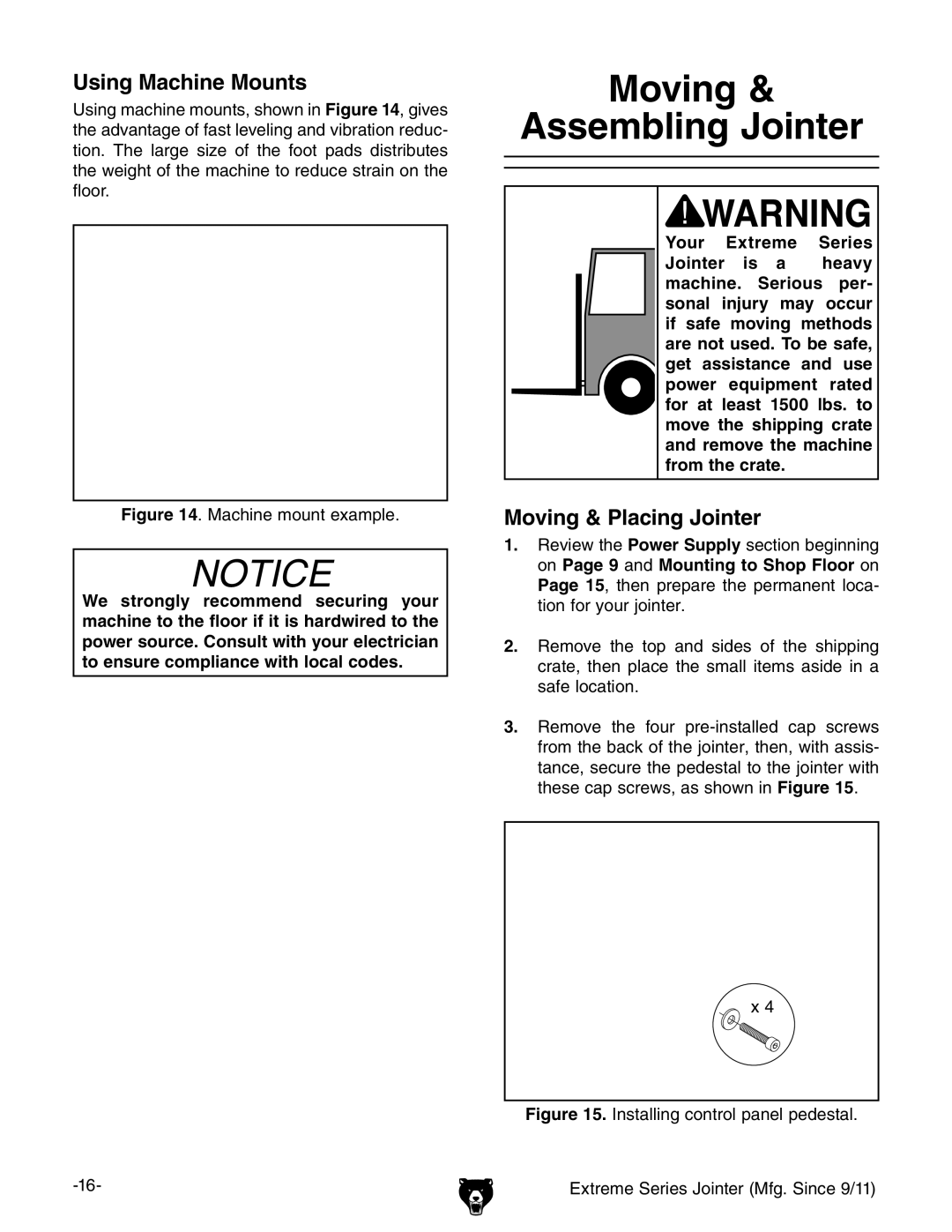 Grizzly G9860 owner manual Moving Assembling Jointer, Using Machine Mounts, Moving & Placing Jointer 