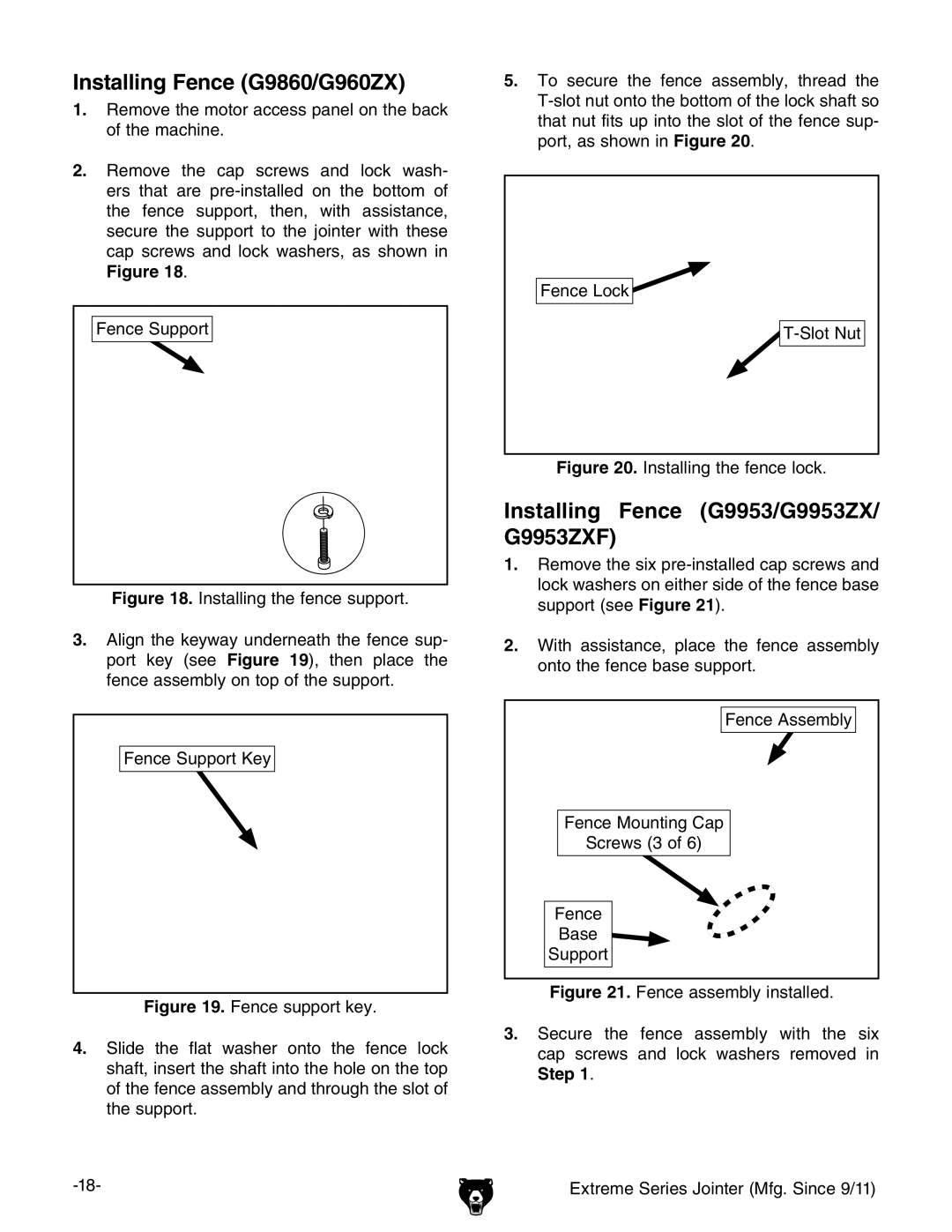 Grizzly owner manual Installing Fence G9860/G960ZX, Installing Fence G9953/G9953ZX/ G9953ZXF, Step 