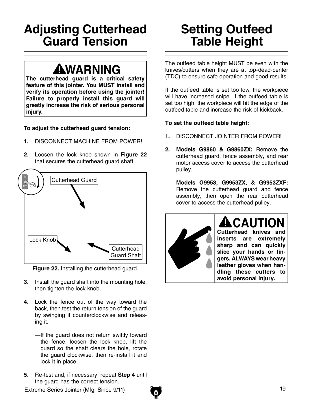 Grizzly G9860 owner manual Setting Outfeed, To set the outfeed table height, Models G9953, G9953ZX, & G9953ZXF 