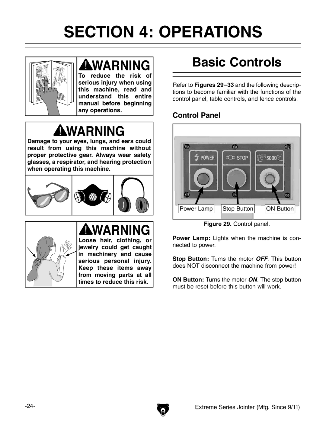 Grizzly G9860 owner manual Operations, Basic Controls, Control Panel 