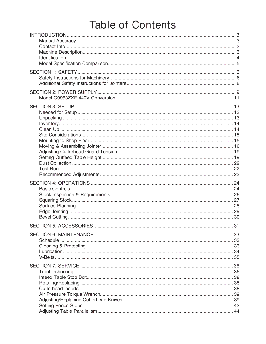 Grizzly G9860 owner manual Table of Contents 