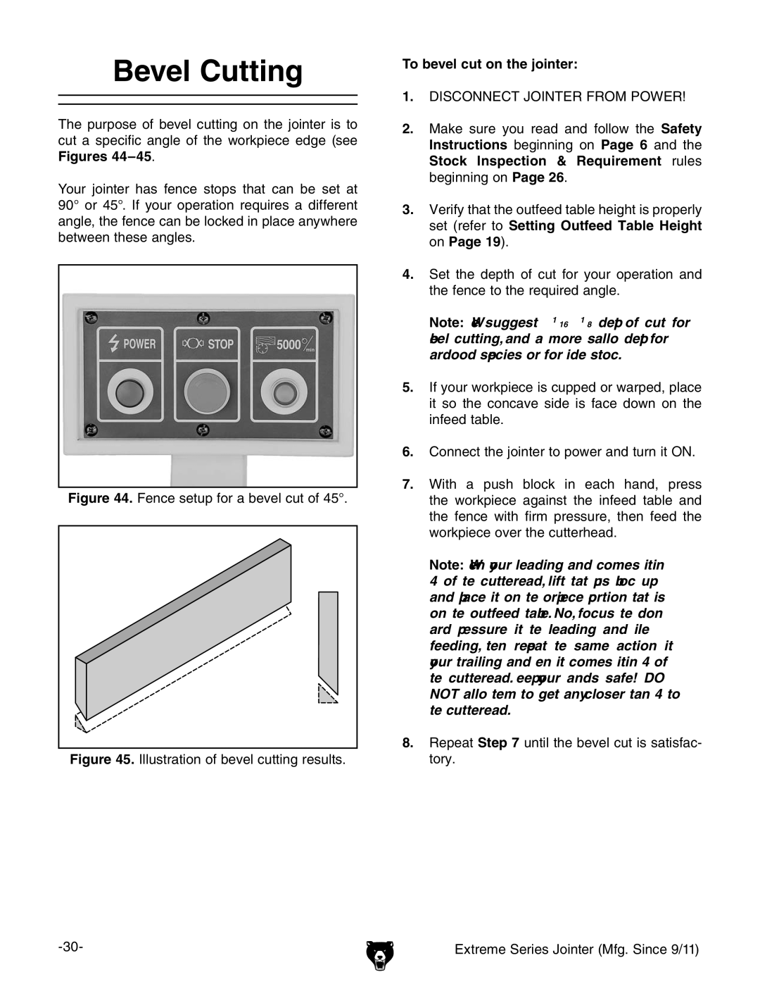 Grizzly G9860 owner manual Bevel Cutting, To bevel cut on the jointer 