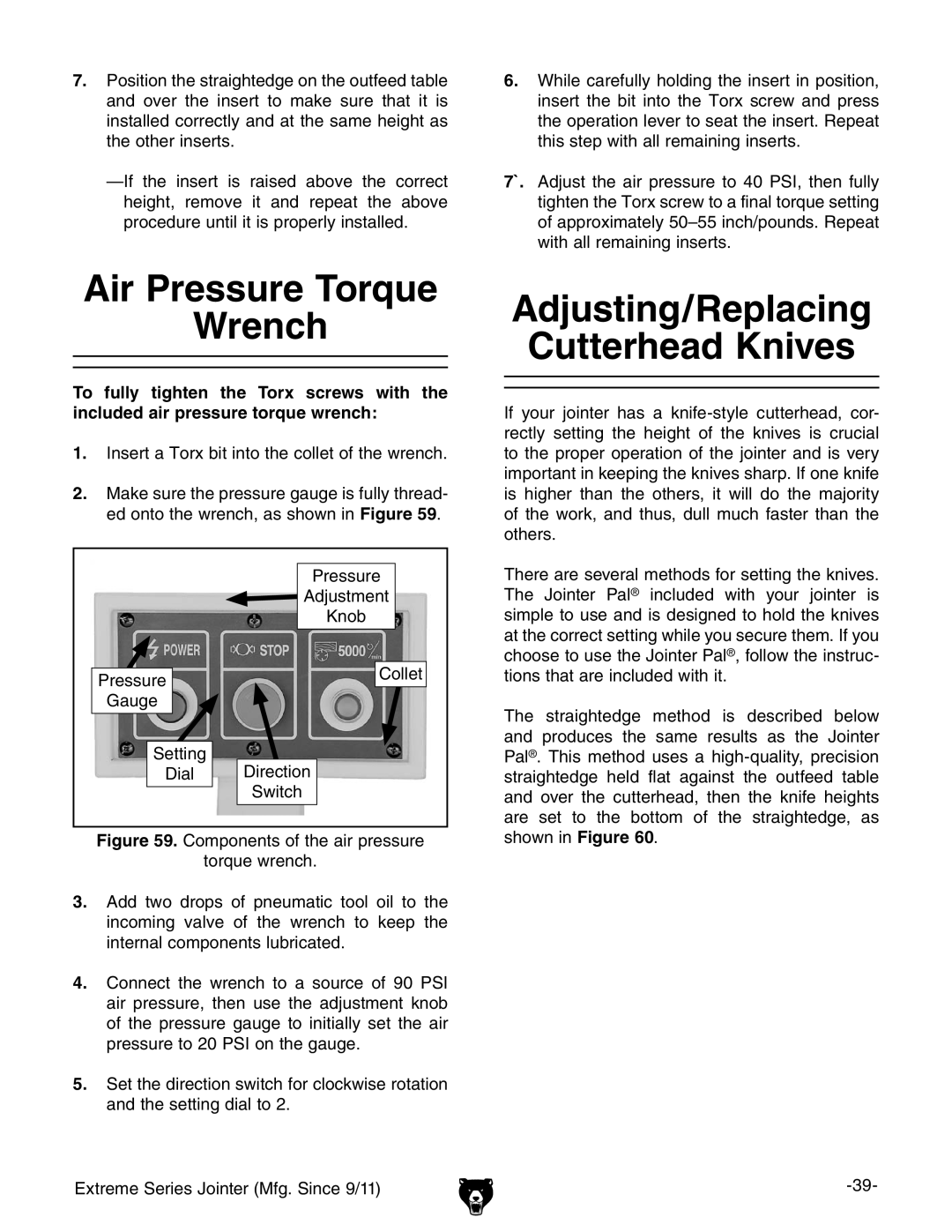 Grizzly G9860 owner manual Air Pressure Torque Wrench, Adjusting/Replacing Cutterhead Knives 