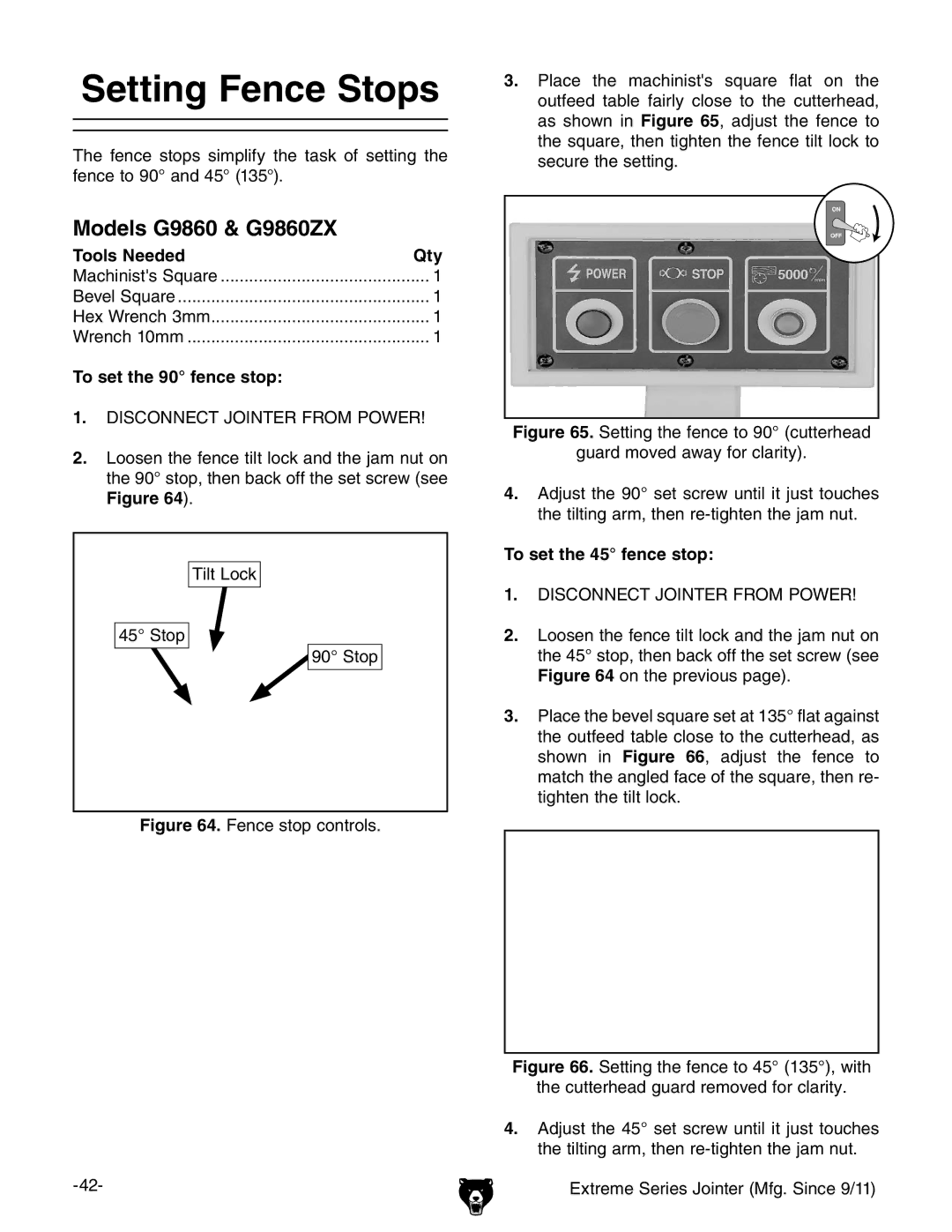 Grizzly owner manual Setting Fence Stops, Models G9860 & G9860ZX, To set the 90 fence stop, To set the 45 fence stop 