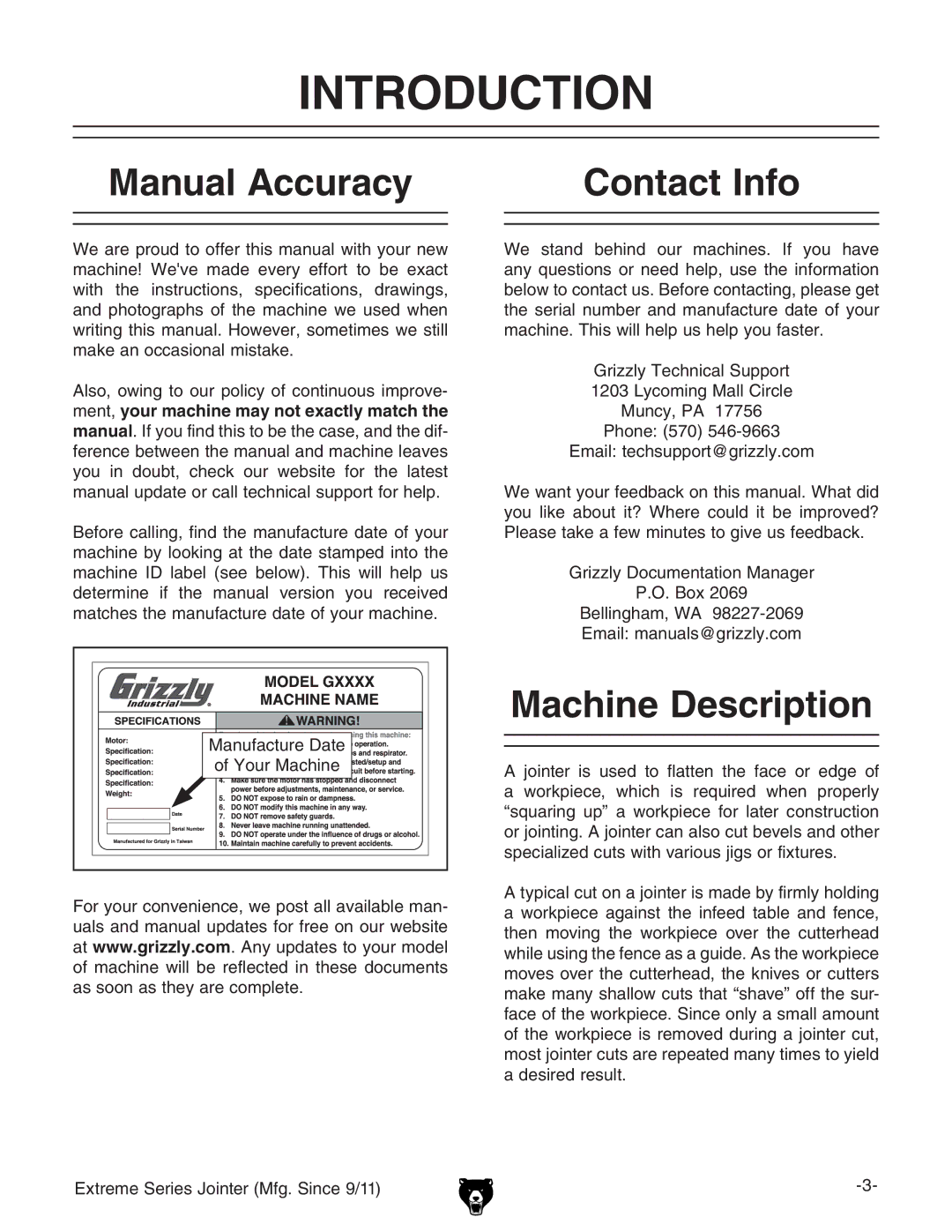 Grizzly G9860 owner manual Introduction, Manual Accuracy Contact Info, Machine Description 