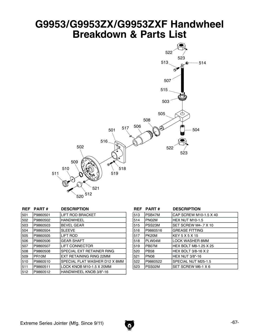 Grizzly G9860 owner manual G9953/G9953ZX/G9953ZXF Handwheel Breakdown & Parts List 