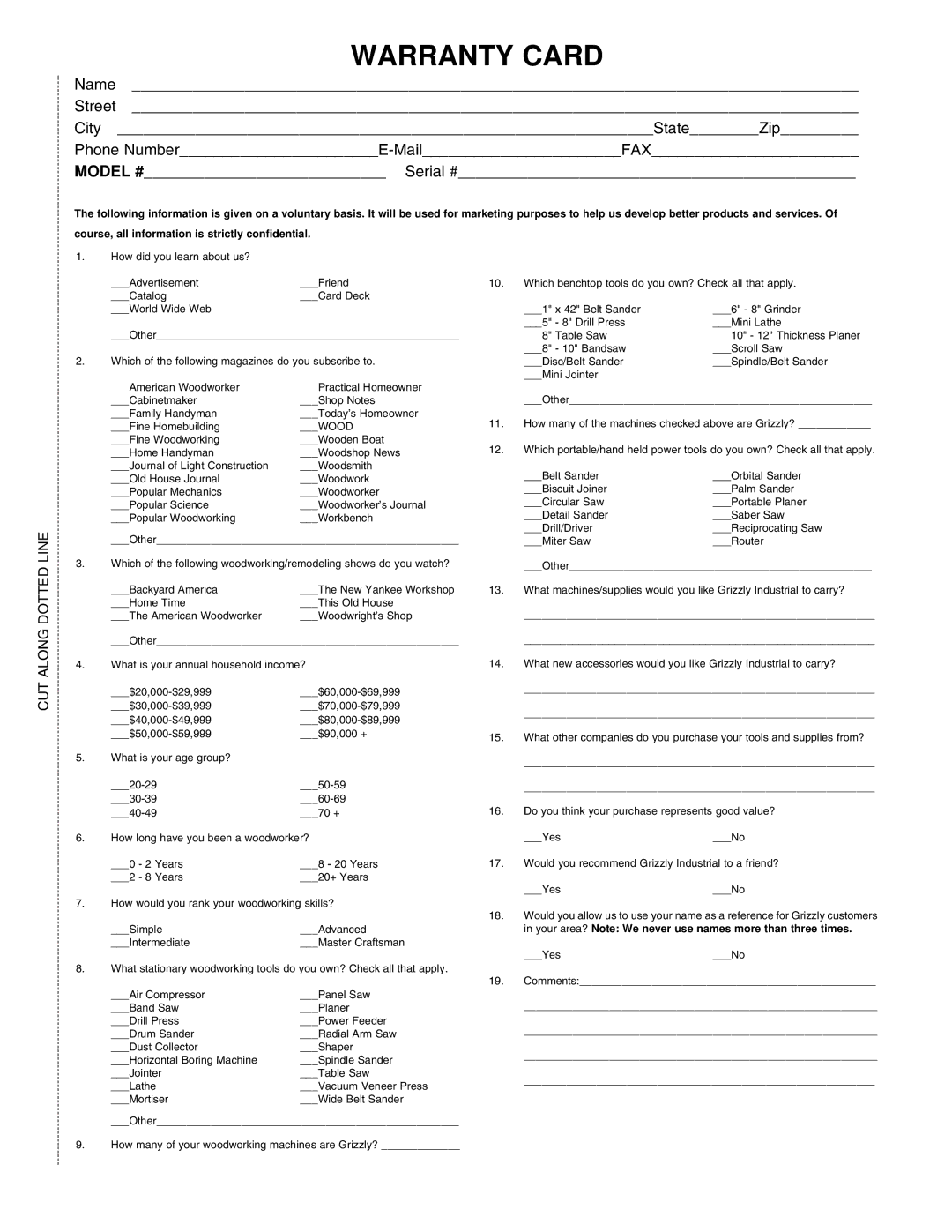 Grizzly G9859, G9860ZX, G9861 instruction manual Warranty Card 