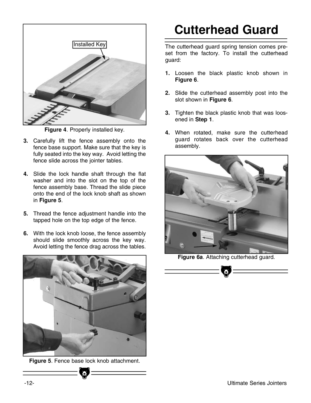 Grizzly G9860ZX, G9859, G9861 instruction manual Cutterhead Guard, Fence base lock knob attachment 