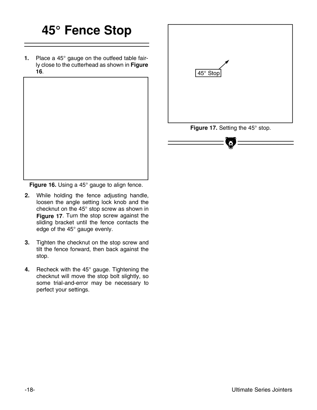 Grizzly G9860ZX, G9859, G9861 instruction manual Setting the 45 stop Ultimate Series Jointers 