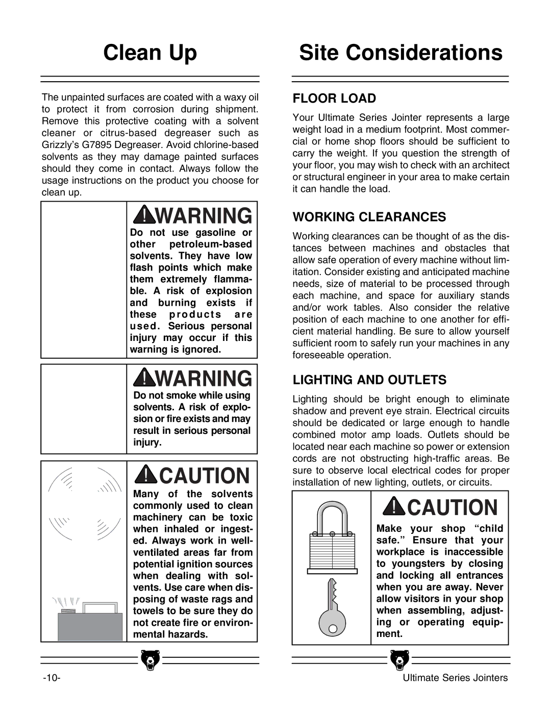 Grizzly G9860ZX, G9861 instruction manual Clean Up, Site Considerations 