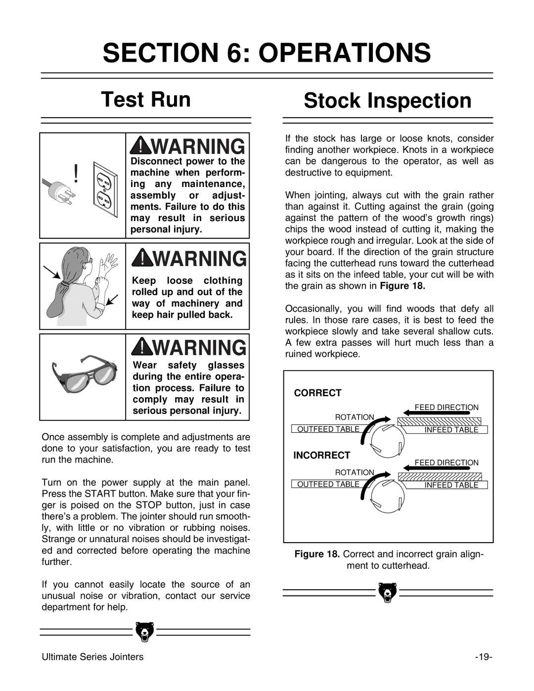 Grizzly G9860ZX, G9861 instruction manual Operations, Test Run, Stock Inspection 