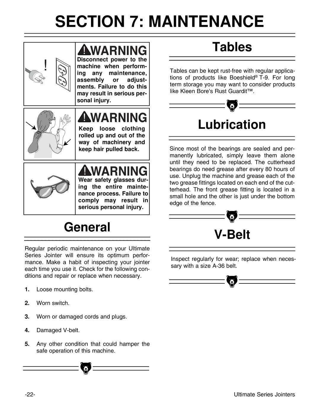 Grizzly G9860ZX, G9861 instruction manual Maintenance, Tables, Lubrication, Belt 