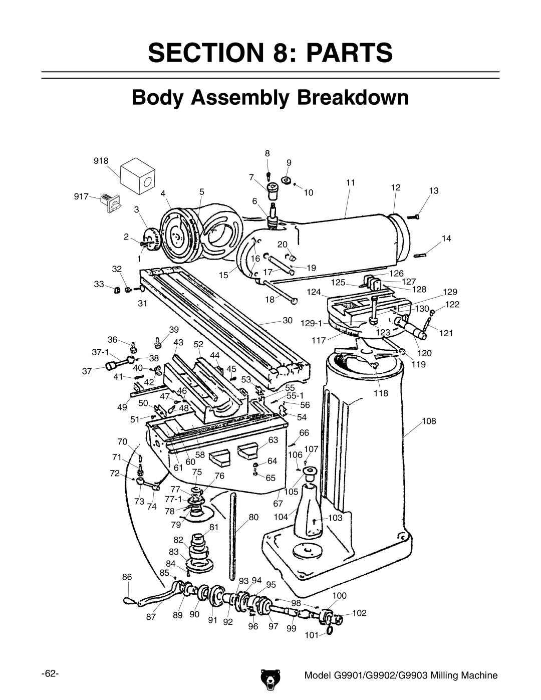 Grizzly G9903, G9901, G9902 manual Parts, Body Assembly Breakdown 