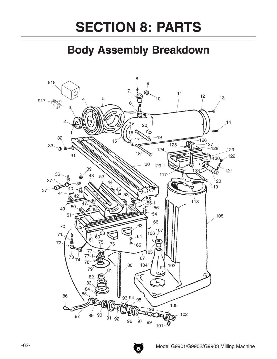 Grizzly manual Body Assembly Breakdown, Model G9901/G9902/G9903 Milling Machine, Parts 
