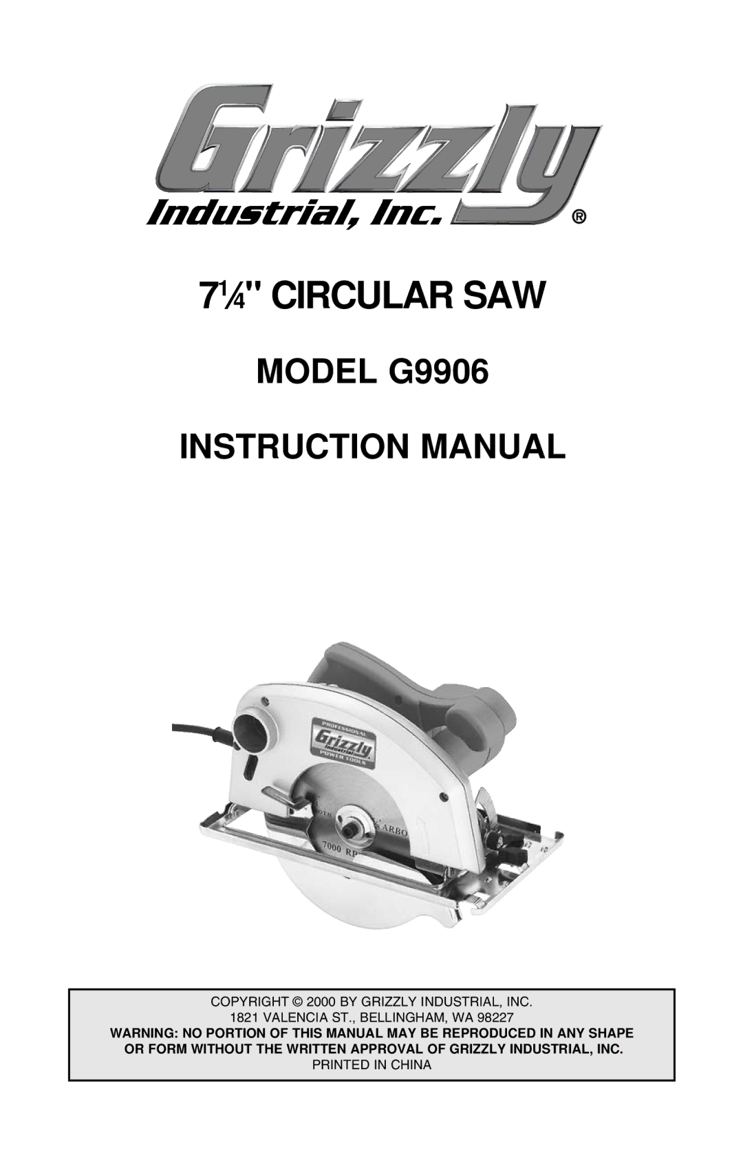 Grizzly instruction manual 71⁄4 Circular SAW, Model G9906 