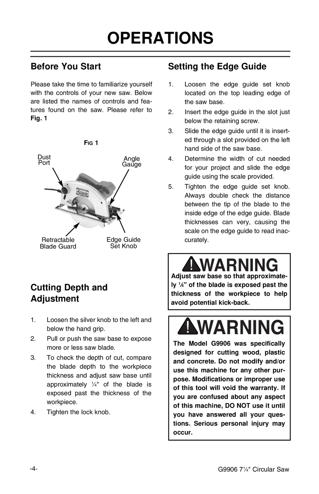 Grizzly G9906 instruction manual Operations, Before You Start, Cutting Depth Adjustment, Setting the Edge Guide 