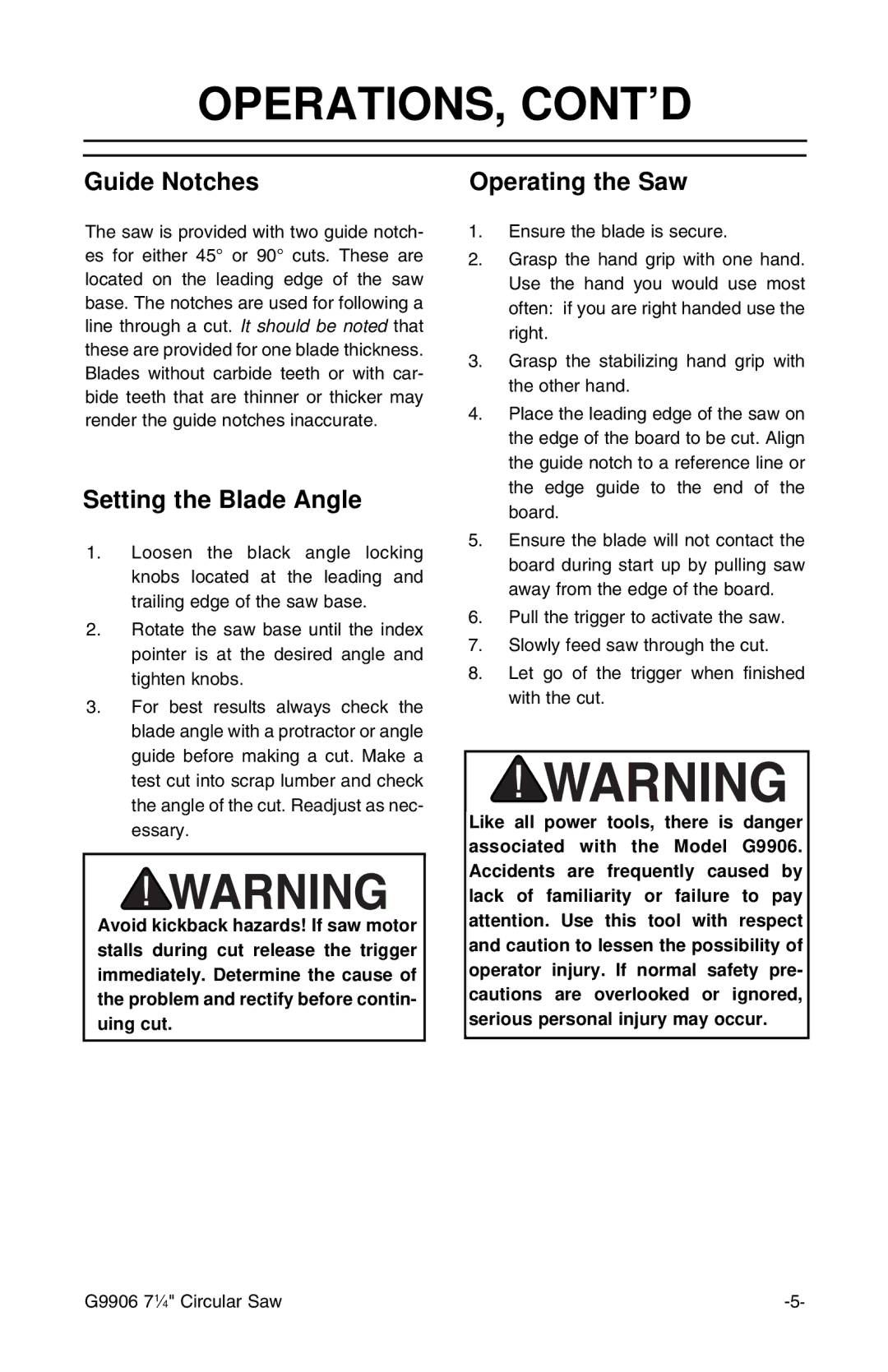 Grizzly G9906 instruction manual Operations, Cont’D, Guide Notches, Setting the Blade Angle, Operating the Saw 