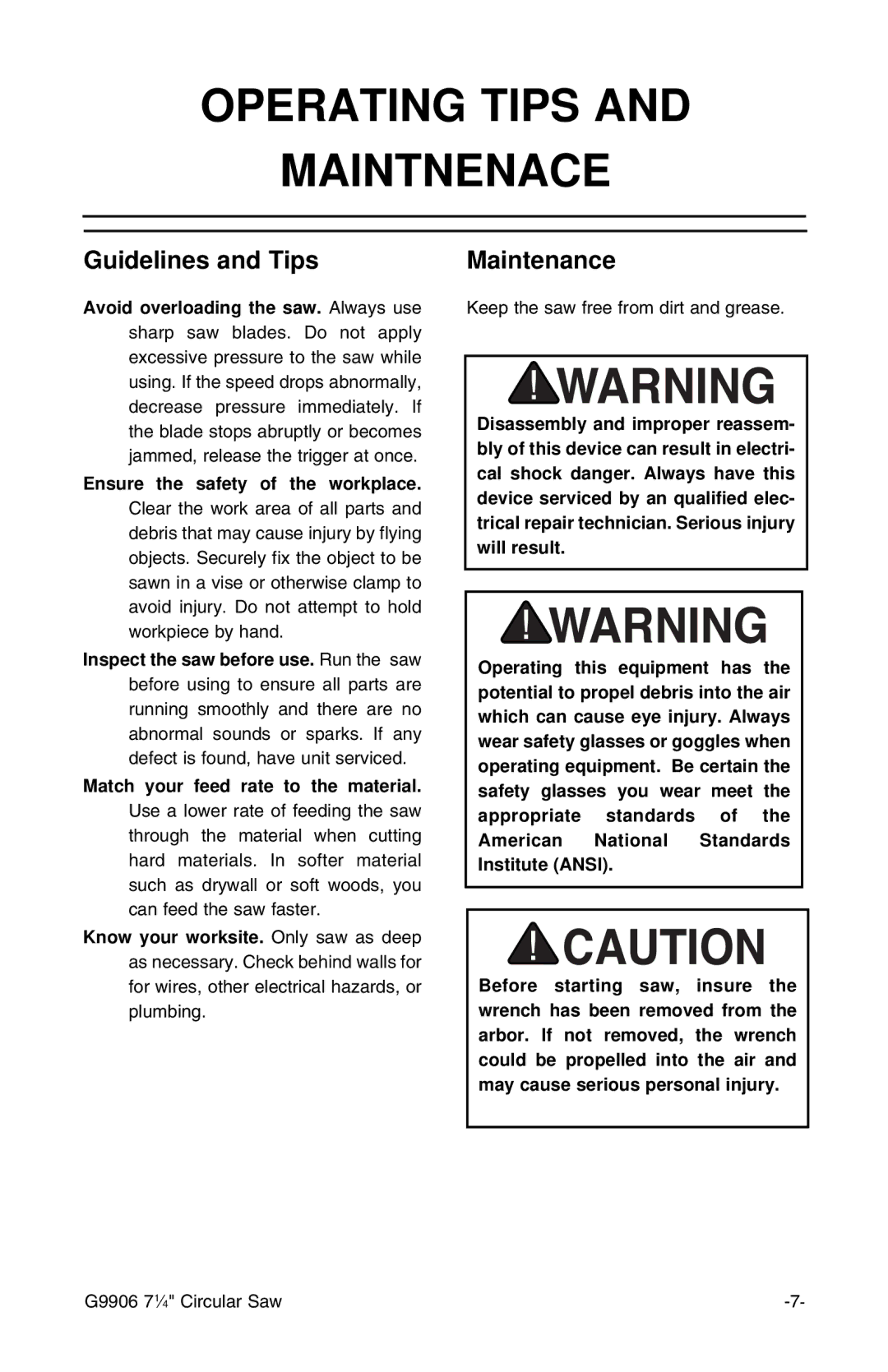 Grizzly G9906 instruction manual Operating Tips Maintnenace, Guidelines and Tips, Maintenance 