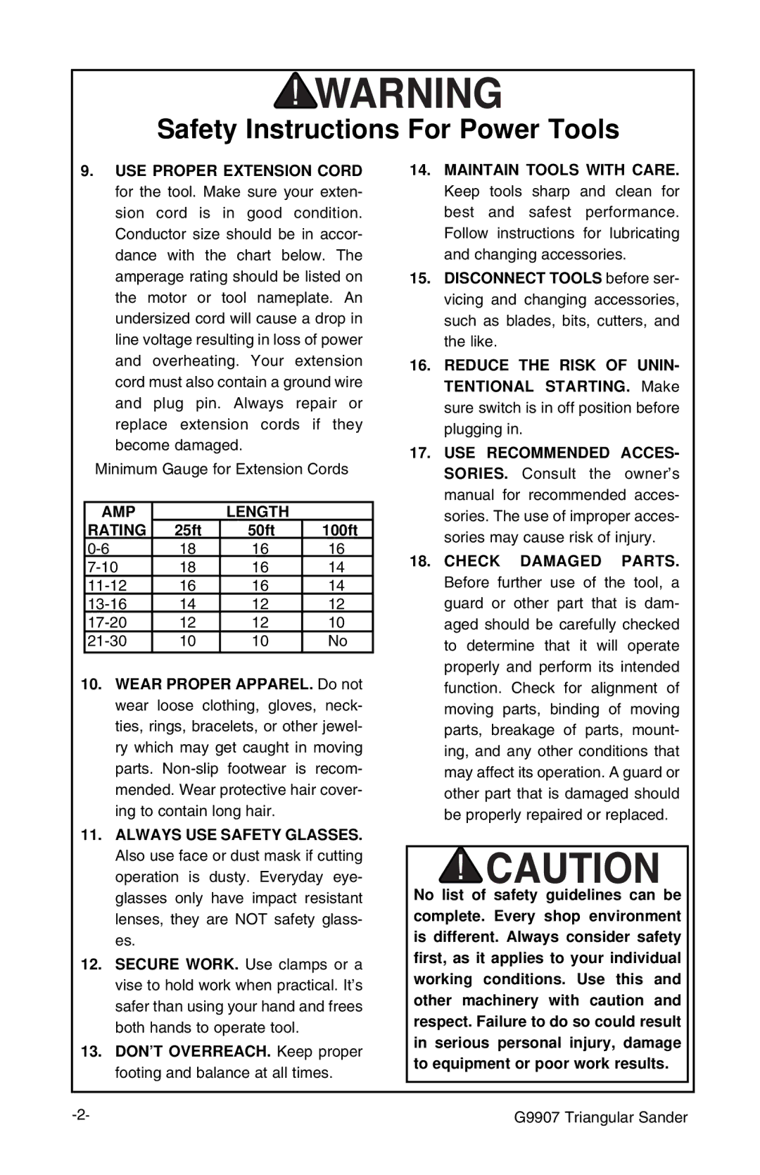 Grizzly G9907 instruction manual AMP Length Rating 