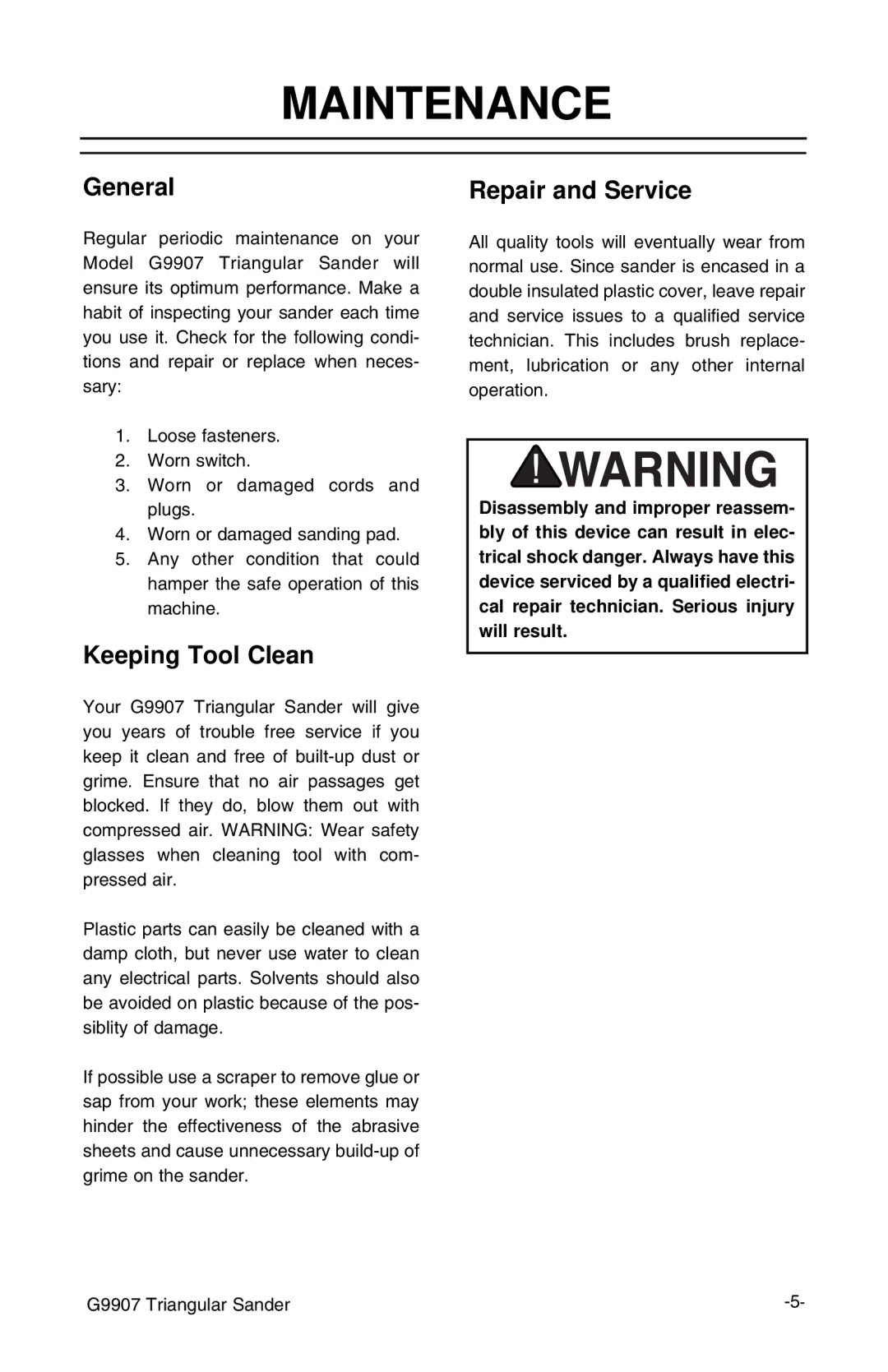 Grizzly G9907 instruction manual Maintenance, General, Keeping Tool Clean, Repair and Service 