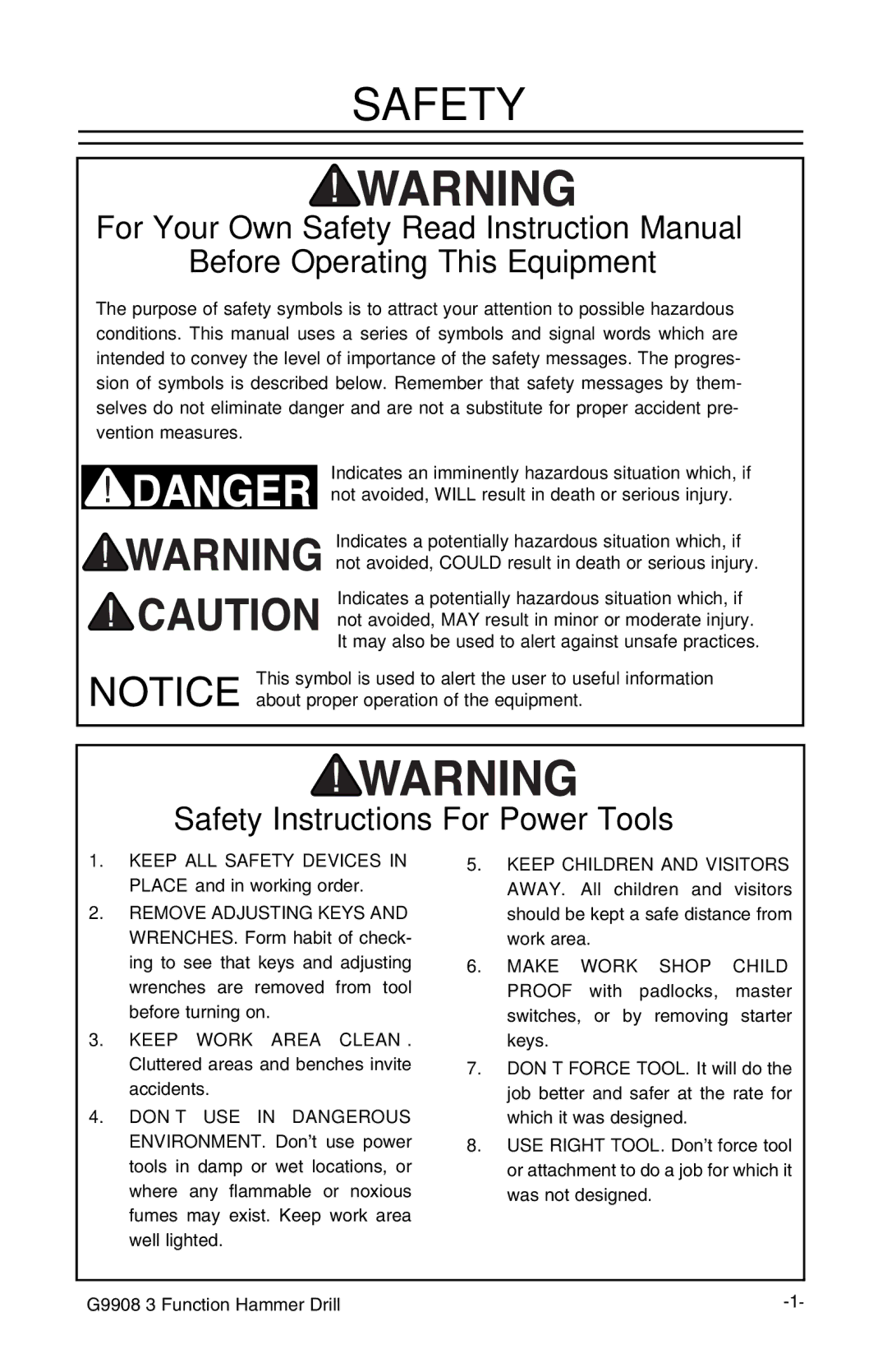 Grizzly G9908 instruction manual Safety, Before Operating This Equipment 