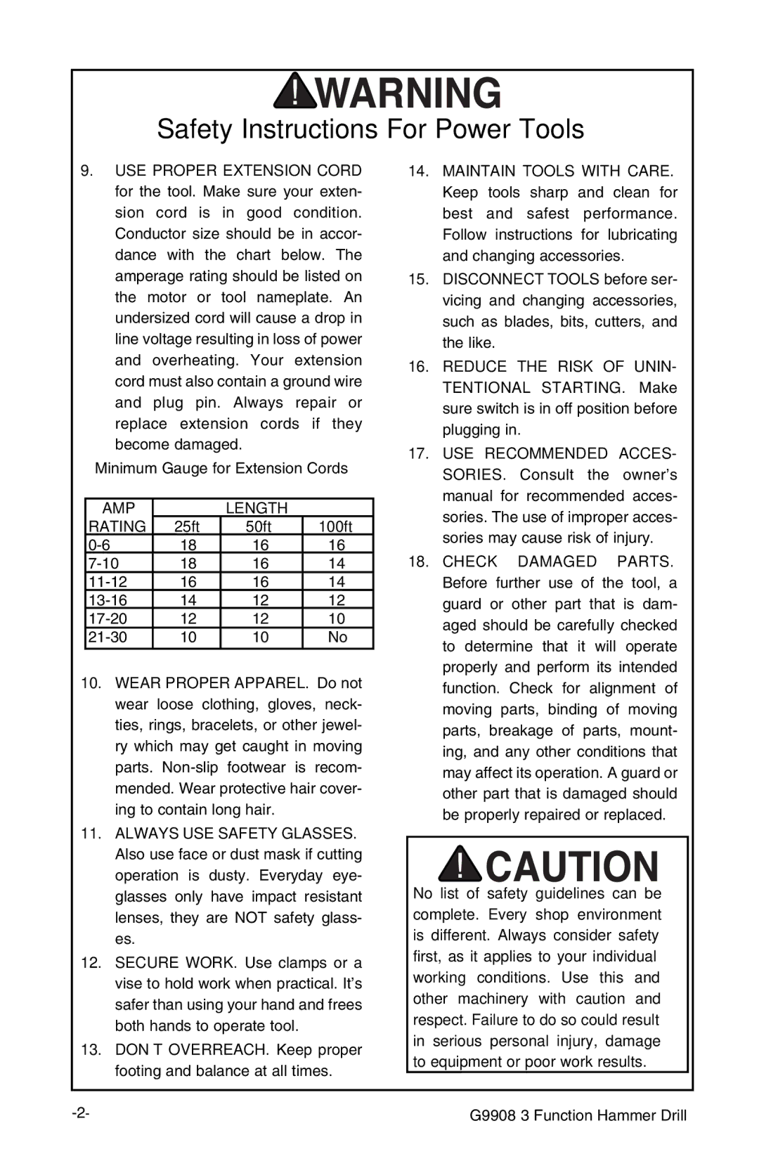 Grizzly G9908 instruction manual AMP Length Rating 