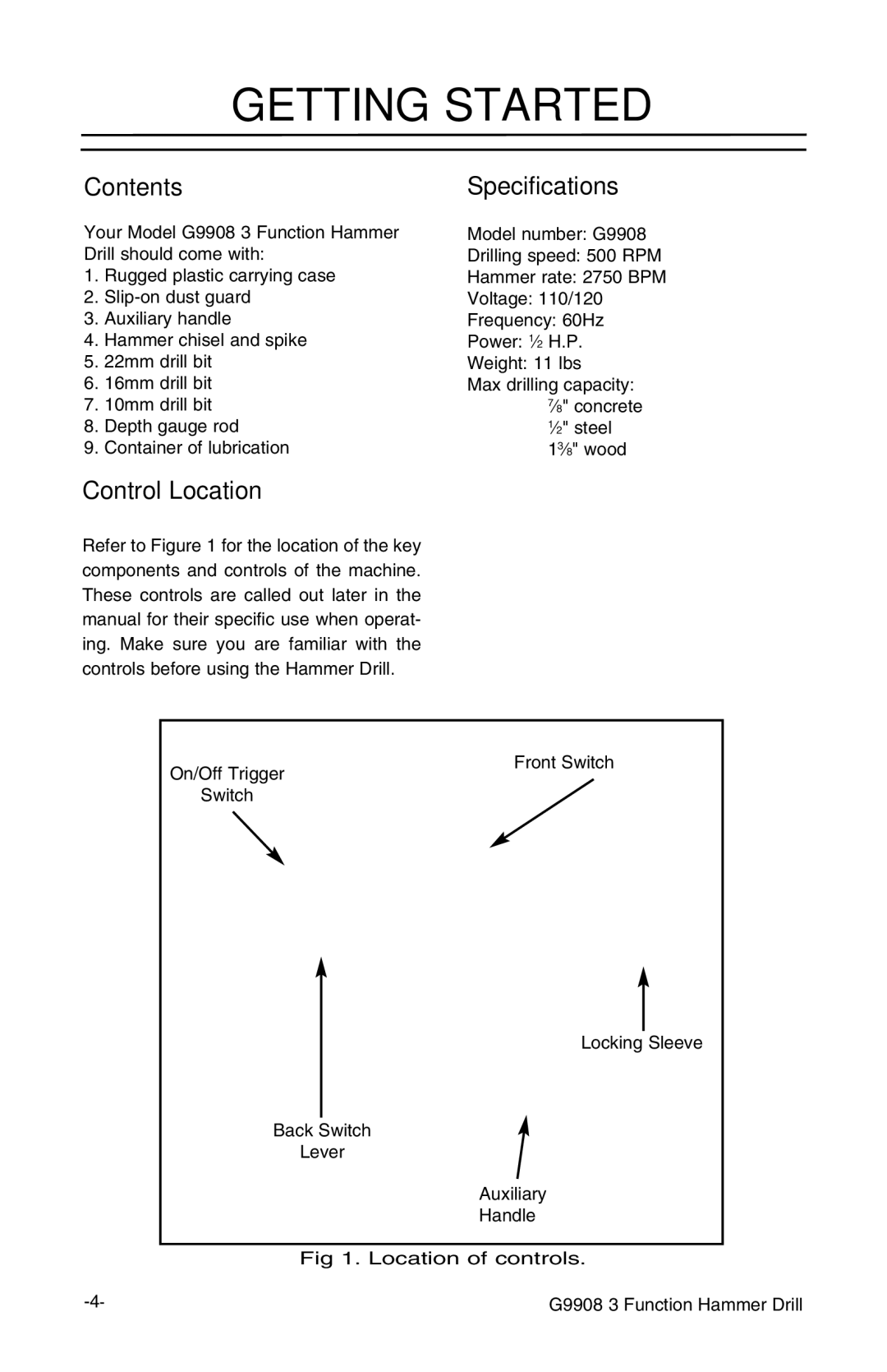 Grizzly G9908 instruction manual Getting Started, Contents, Specifications, Control Location 