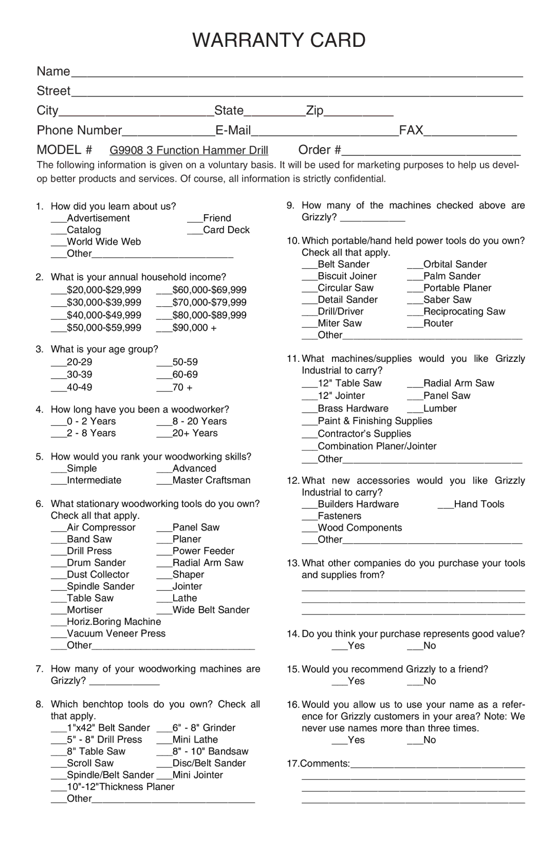 Grizzly G9908 instruction manual Warranty Card 