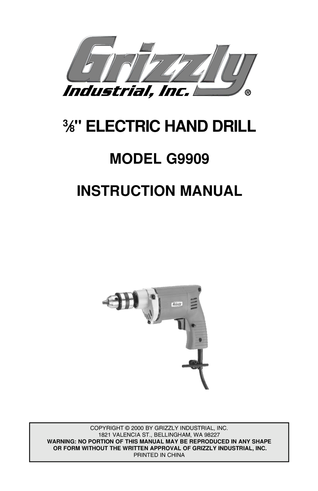 Grizzly instruction manual ⁄8 Electric Hand Drill, Model G9909 