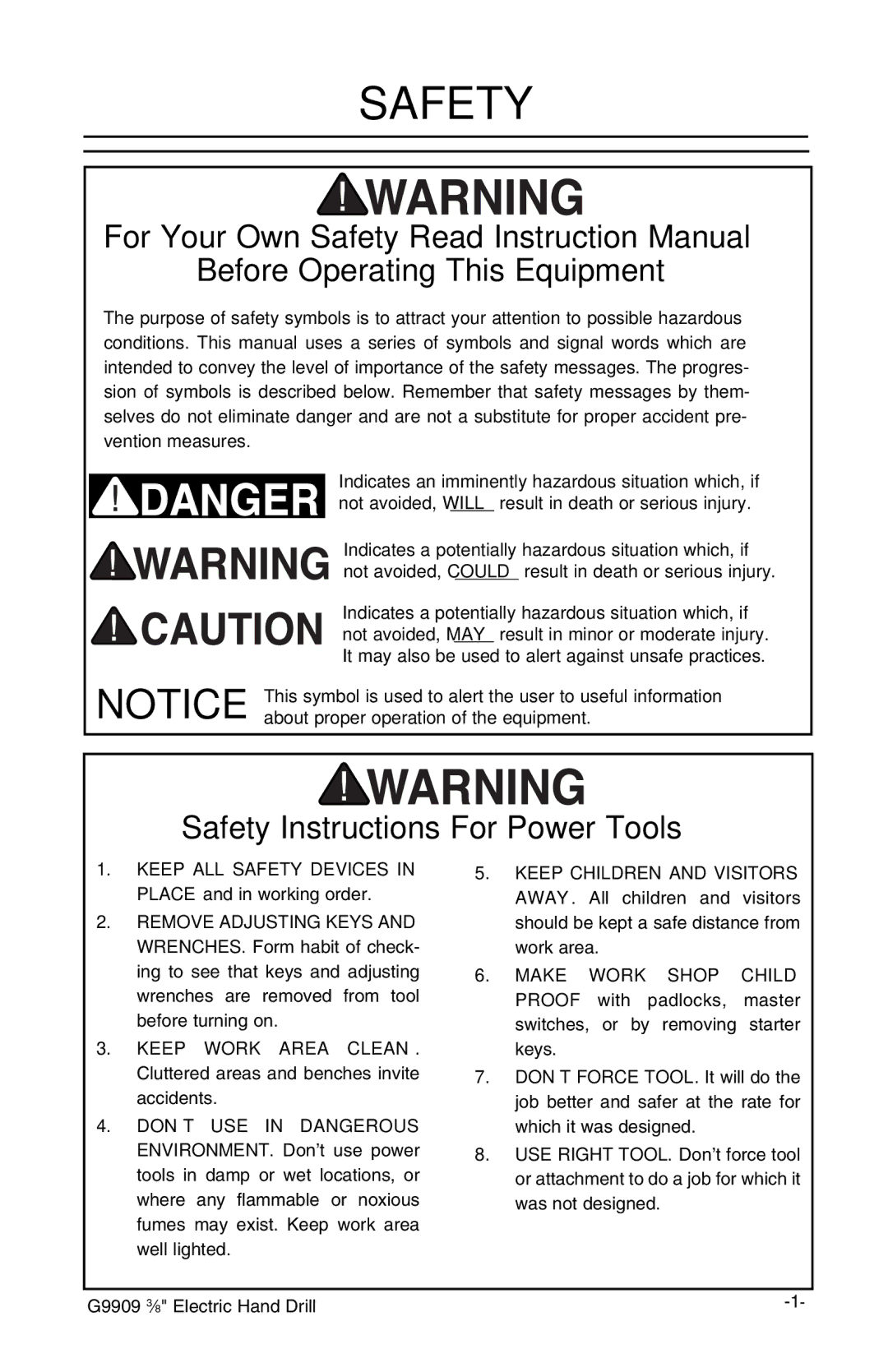 Grizzly G9909 instruction manual Safety, Before Operating This Equipment 