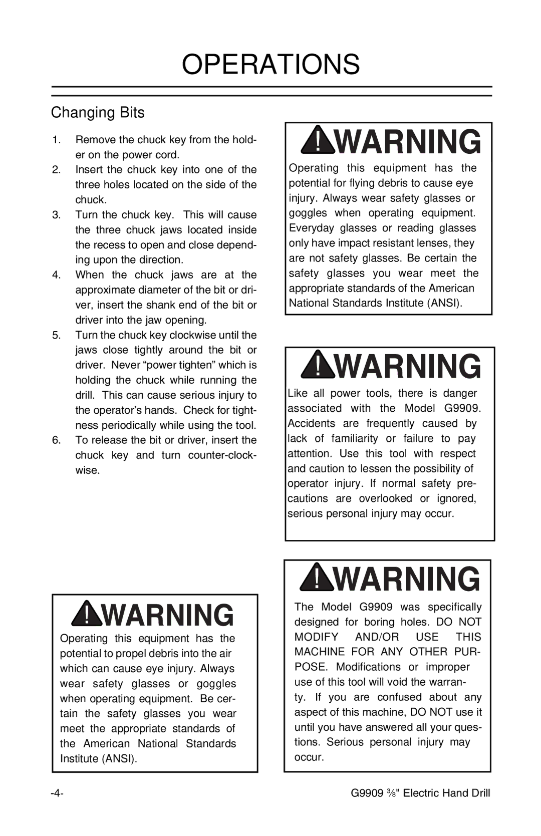 Grizzly G9909 instruction manual Operations, Changing Bits 