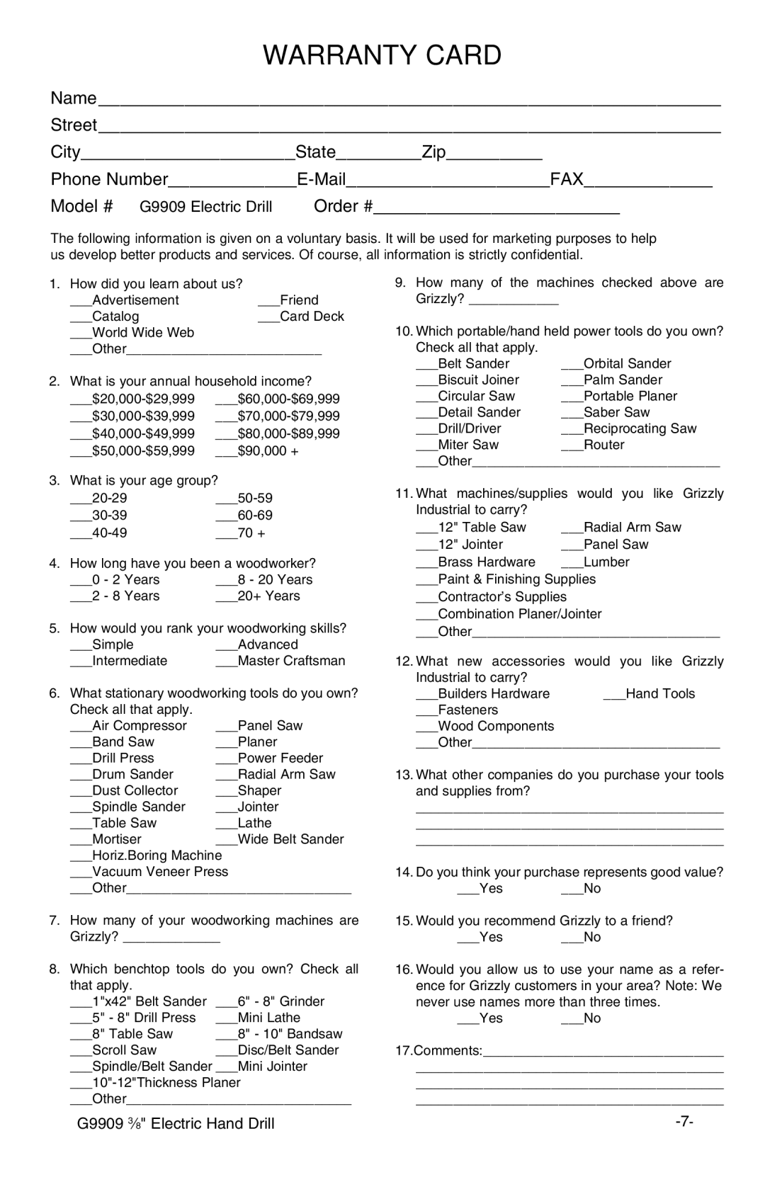 Grizzly G9909 instruction manual Warranty Card 