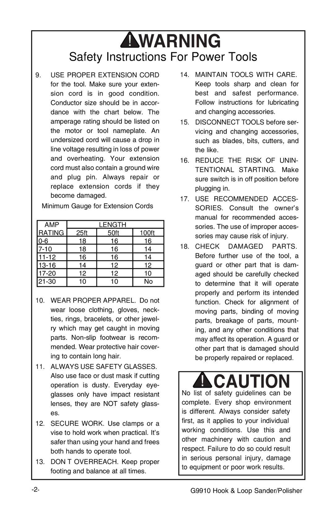 Grizzly G9910 instruction manual AMP Length Rating 