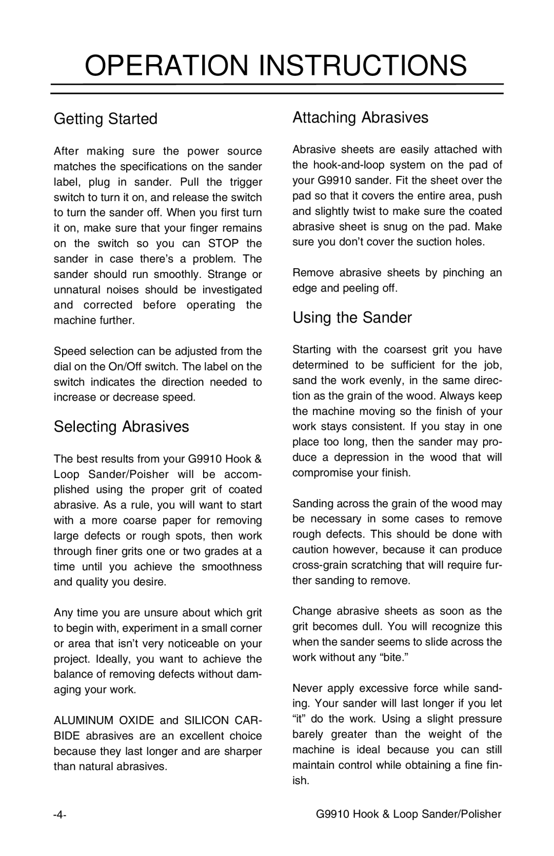 Grizzly G9910 Operation Instructions, Getting Started, Selecting Abrasives, Attaching Abrasives, Using the Sander 