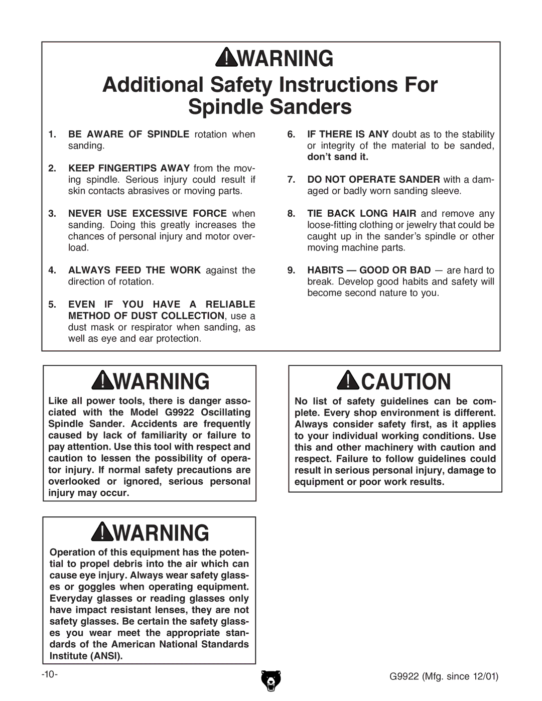 Grizzly G9922 owner manual Additional Safety Instructions For Spindle Sanders 