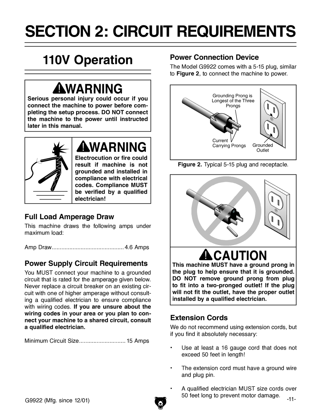 Grizzly G9922 owner manual Circuit Requirements, 110V Operation 