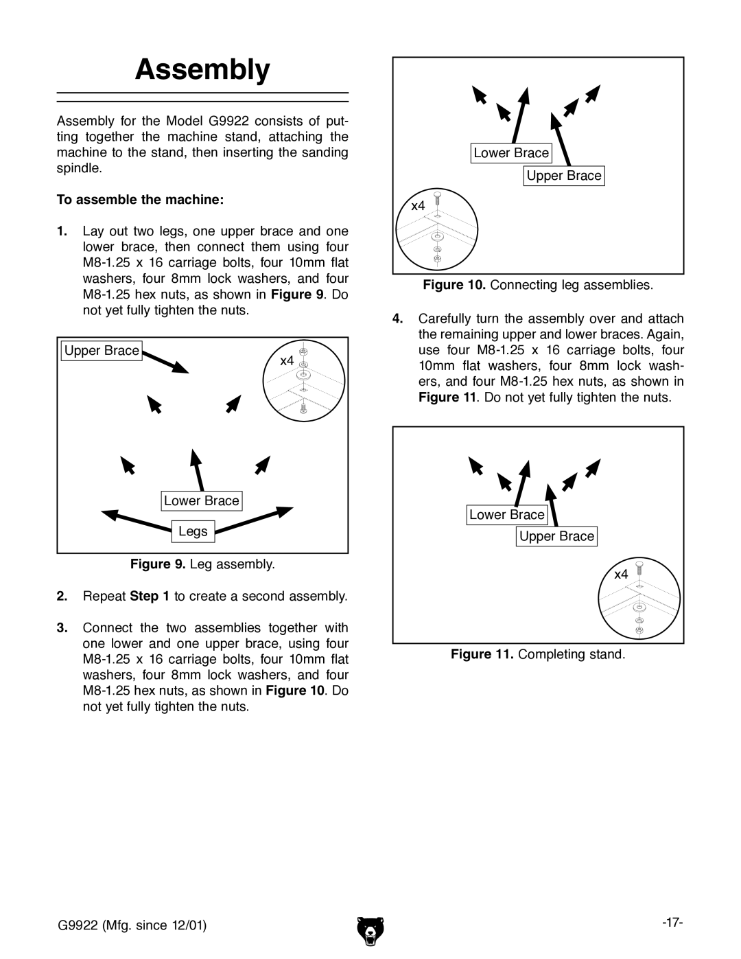 Grizzly G9922 owner manual Assembly, To assemble the machine 